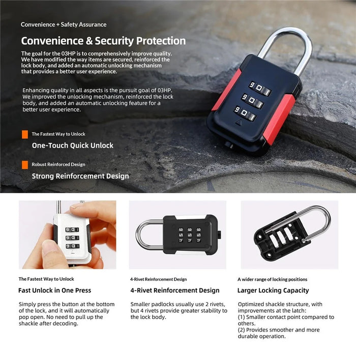 03HP Zinc Alloy 3-Digit Combination Padlock One-Touch Auto Open Keyless for Luggage Backpack - White+Black - 7