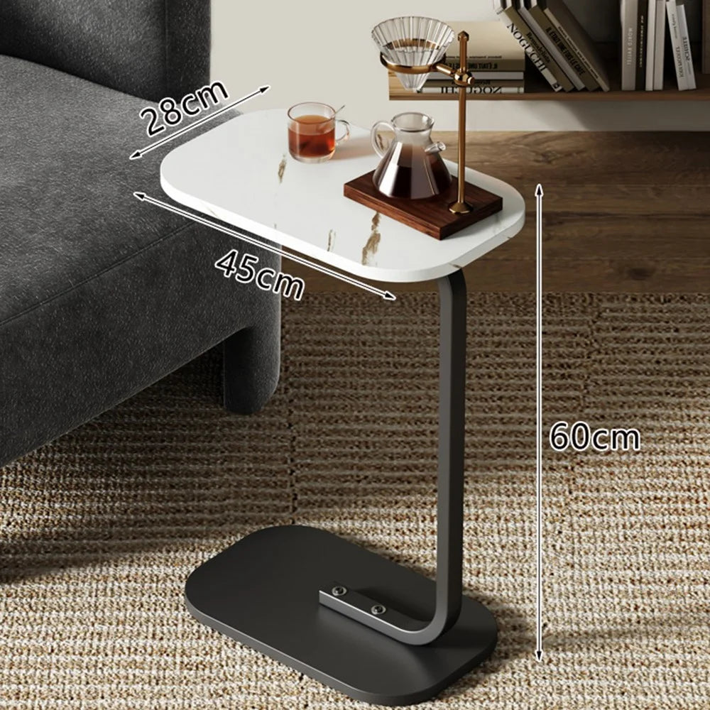 Size L 45x28x60cm C-Shape Side Table Carbon Steel Wooden End Table for Sofa Bedroom - White Marble+Black Frame - 1