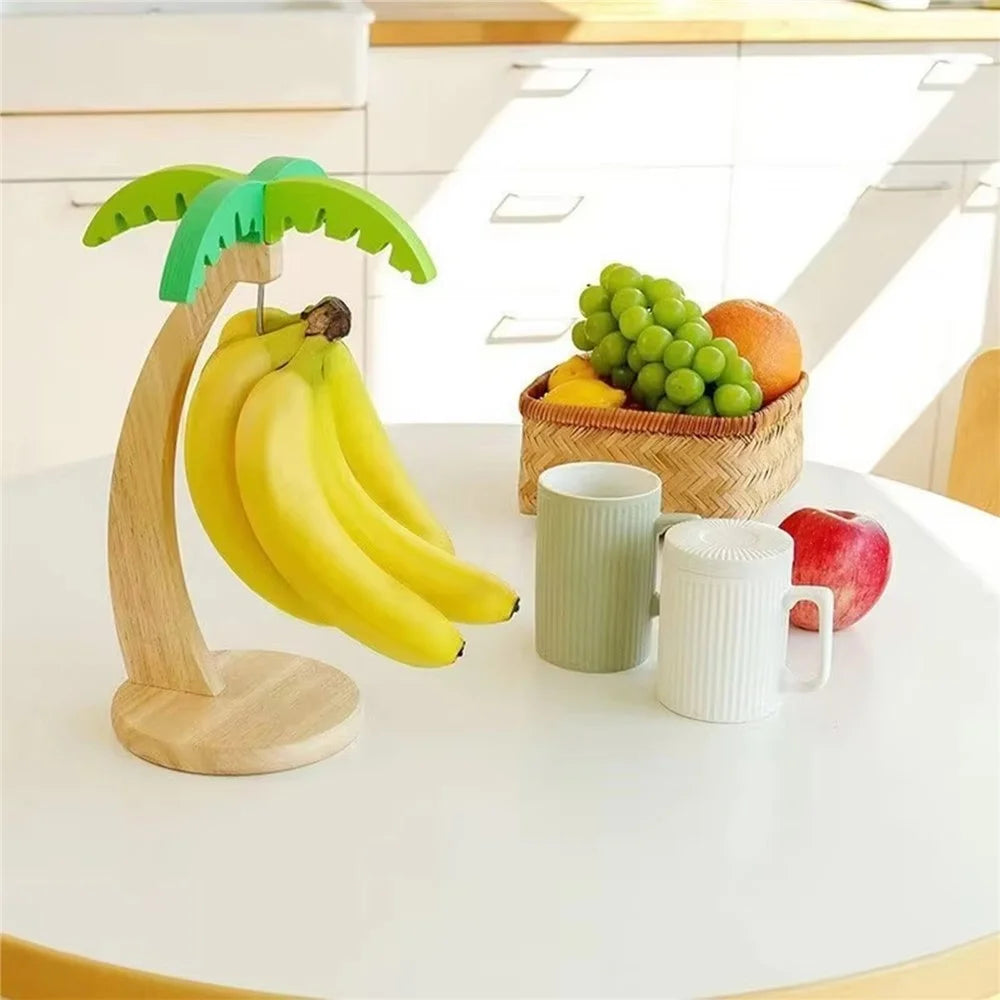 Palm Tree Design Wooden Banana Hanger Stand Fruit Storage Rack Kitchen Desktop Decor - 4