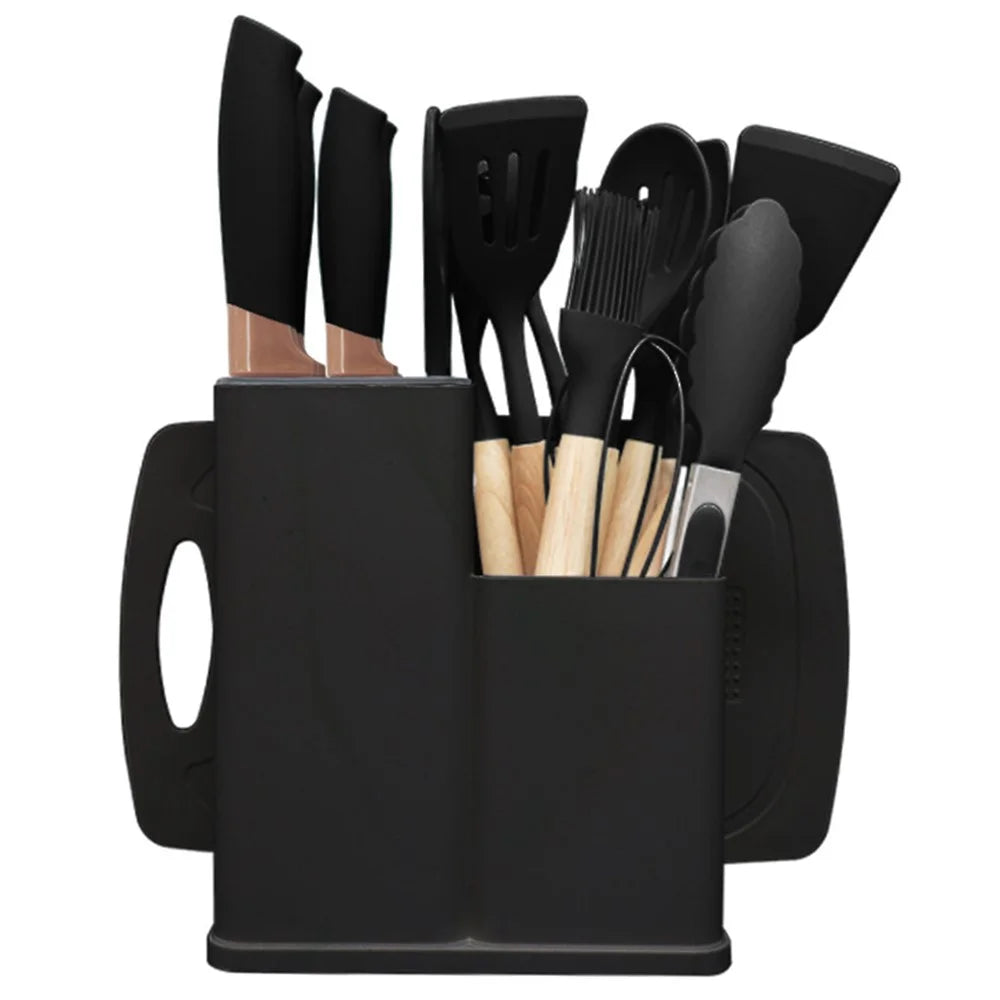 19Pcs Food Grade Silicone Kitchenware Set with Stainless Steel Knives and Storage Rack (FDA Certified) - Black - 1