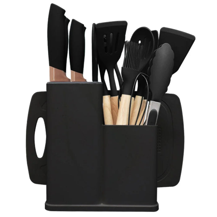 19Pcs Food Grade Silicone Kitchenware Set with Stainless Steel Knives and Storage Rack (FDA Certified) - Black - 1