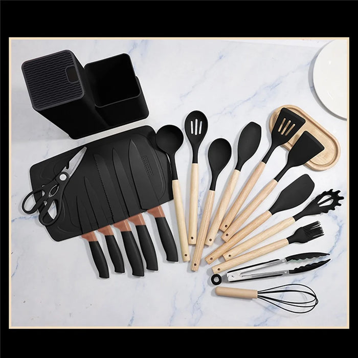 19Pcs Food Grade Silicone Kitchenware Set with Stainless Steel Knives and Storage Rack (FDA Certified) - Black - 2