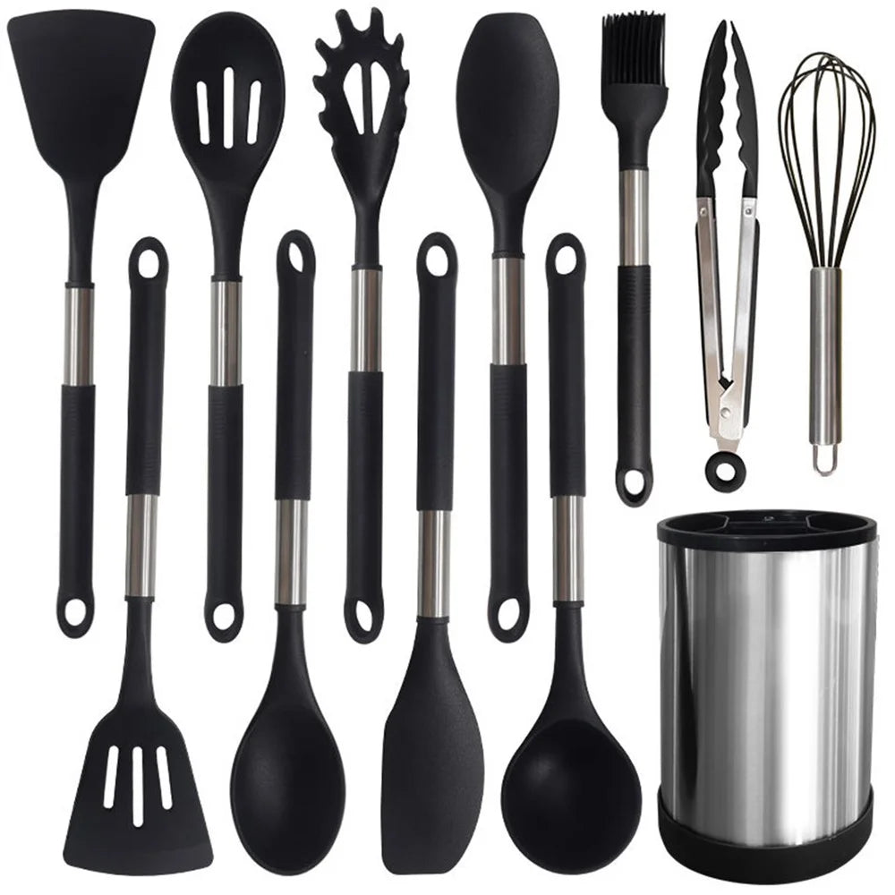 12Pcs Silicone Kitchenware Set Stainless Steel Handle Heat Resistant for Nonstick Pans (FDA Certified) - Black - 1