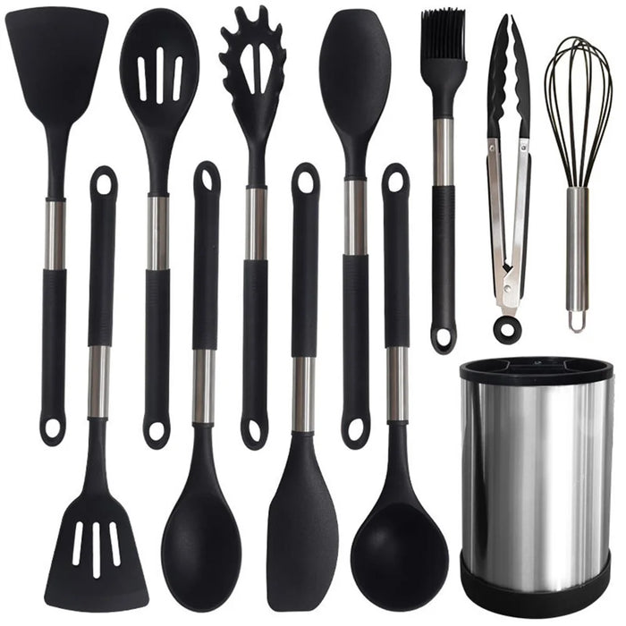 12Pcs Silicone Kitchenware Set Stainless Steel Handle Heat Resistant for Nonstick Pans (FDA Certified) - Black - 1