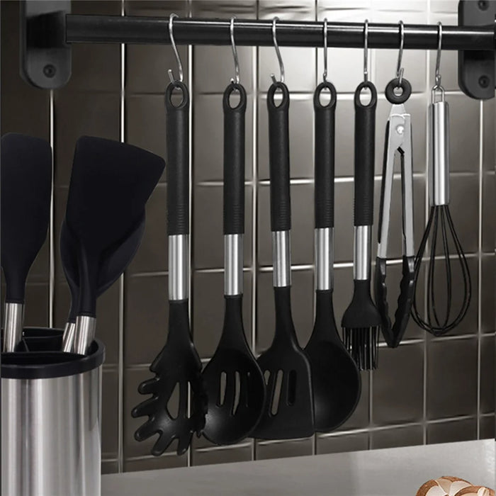 12Pcs Silicone Kitchenware Set Stainless Steel Handle Heat Resistant for Nonstick Pans (FDA Certified) - Black - 2