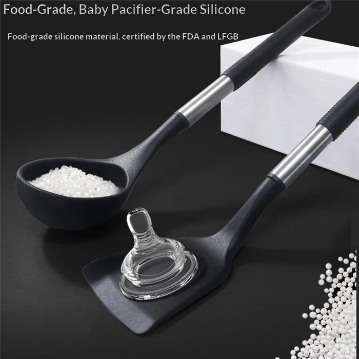 12Pcs Silicone Kitchenware Set Stainless Steel Handle Heat Resistant for Nonstick Pans (FDA Certified) - Black - 3