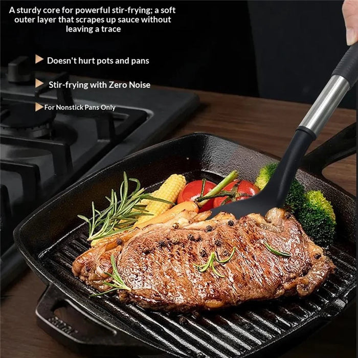 12Pcs Silicone Kitchenware Set Stainless Steel Handle Heat Resistant for Nonstick Pans (FDA Certified) - Black - 4