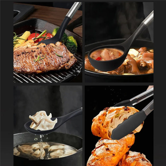 12Pcs Silicone Kitchenware Set Stainless Steel Handle Heat Resistant for Nonstick Pans (FDA Certified) - Black - 7