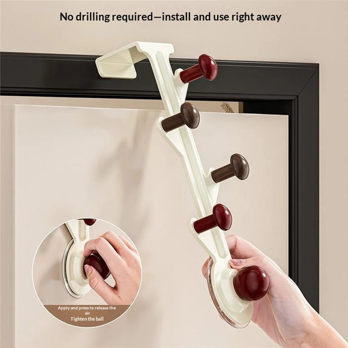 6-Hook Over Door Hanger Rack No Drilling Suction Cup Mount Storage Organizer - Creamy White + Red - 2