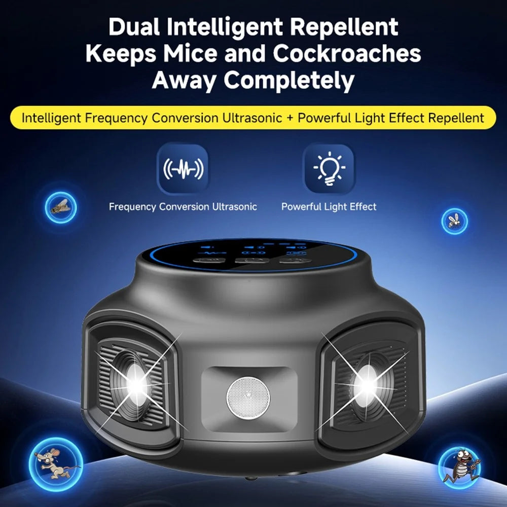 D803 Ultrasonic Pest Repeller 1kHz-65kHz Variable Frequency Strobe Light Rodent Insect Repellent - Black / USB - 2