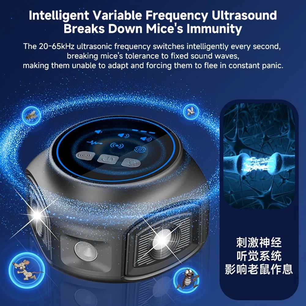 D803 Ultrasonic Pest Repeller 1kHz-65kHz Variable Frequency Strobe Light Rodent Insect Repellent - Black / USB - 4