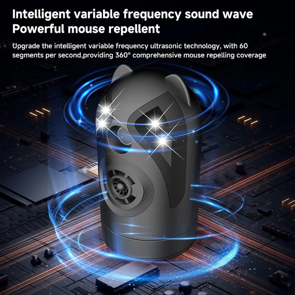 D802 Ultrasonic Pest Repeller 360 Degree Rotating Intelligent Variable Frequency with Light and Sound - Black / USB - 6