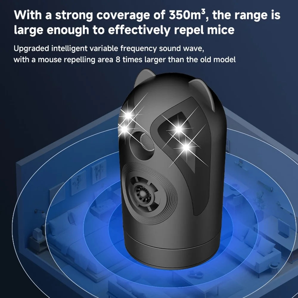 D802 Ultrasonic Pest Repeller 360 Degree Rotating Intelligent Variable Frequency with Light and Sound - Black / USB - 7