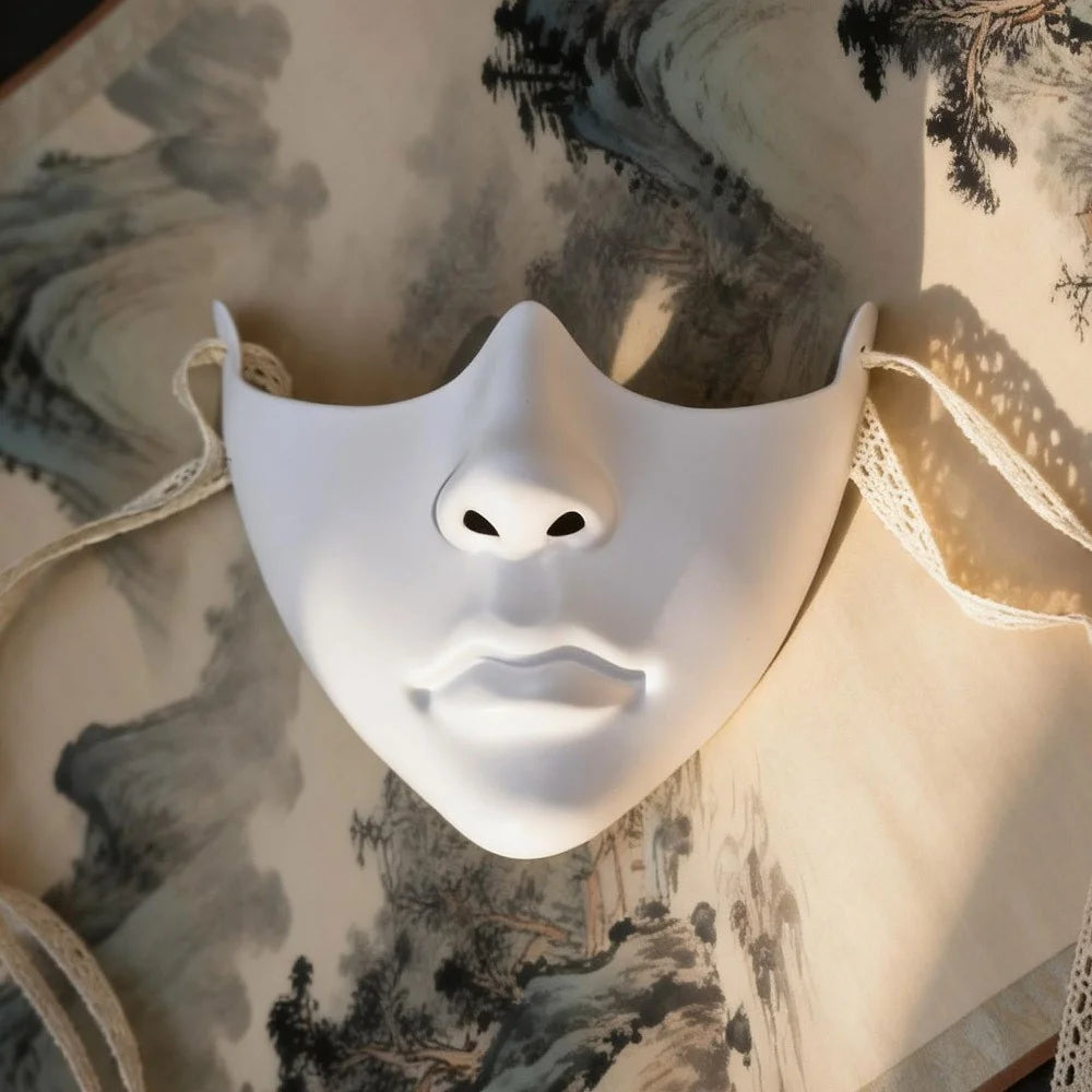 Half Face Mask with Lace Ribbon Plastic Cosplay Masquerade Prop for Adults - Beauty / White - 1