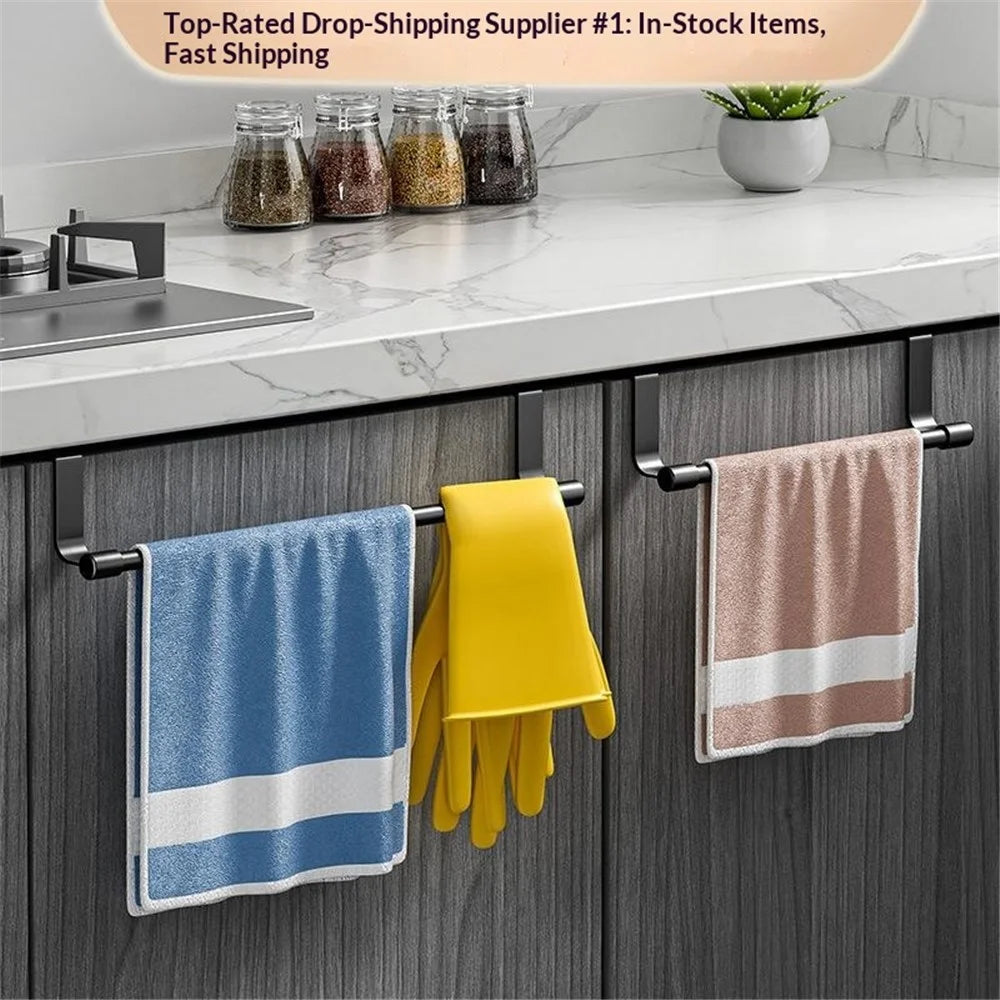 23cm Cabinet Door Towel Rack No-Drill Stainless Steel Over Door Hanging Bar for Kitchen Bathroom - Black - 2