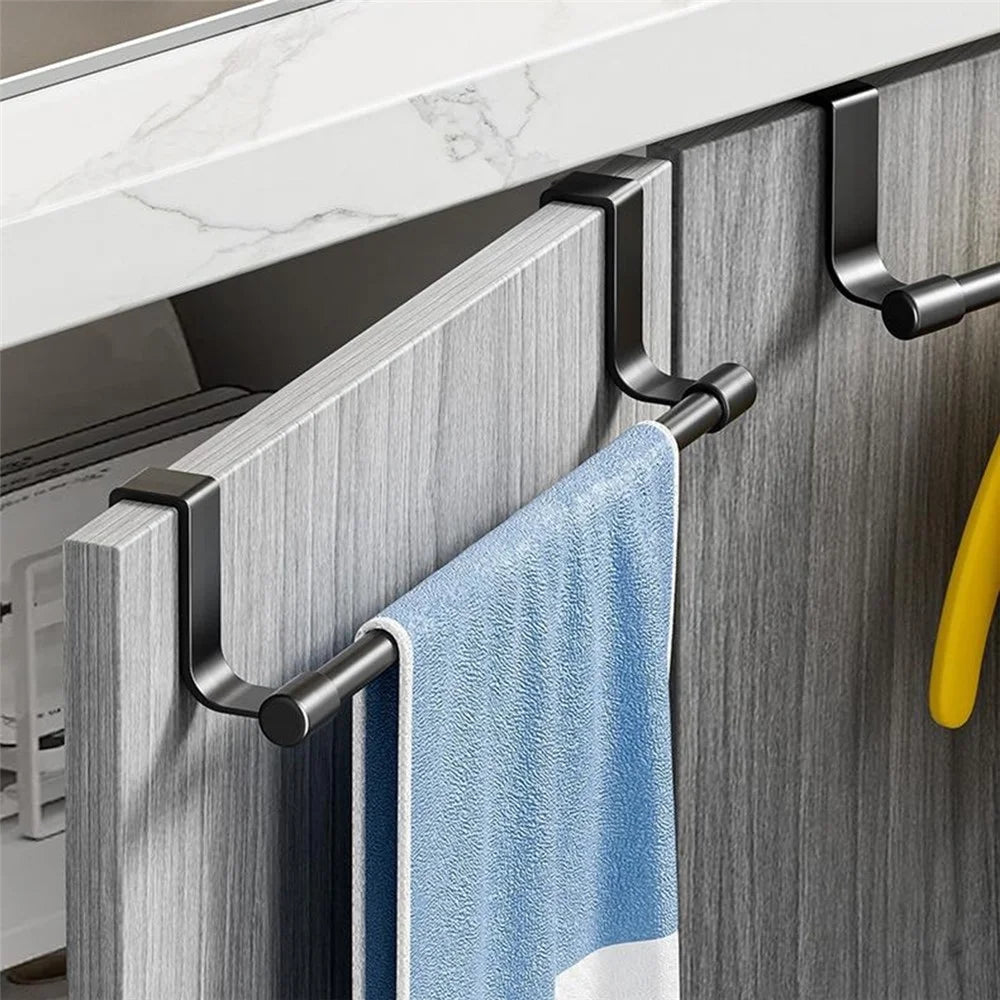 23cm Cabinet Door Towel Rack No-Drill Stainless Steel Over Door Hanging Bar for Kitchen Bathroom - Black - 3