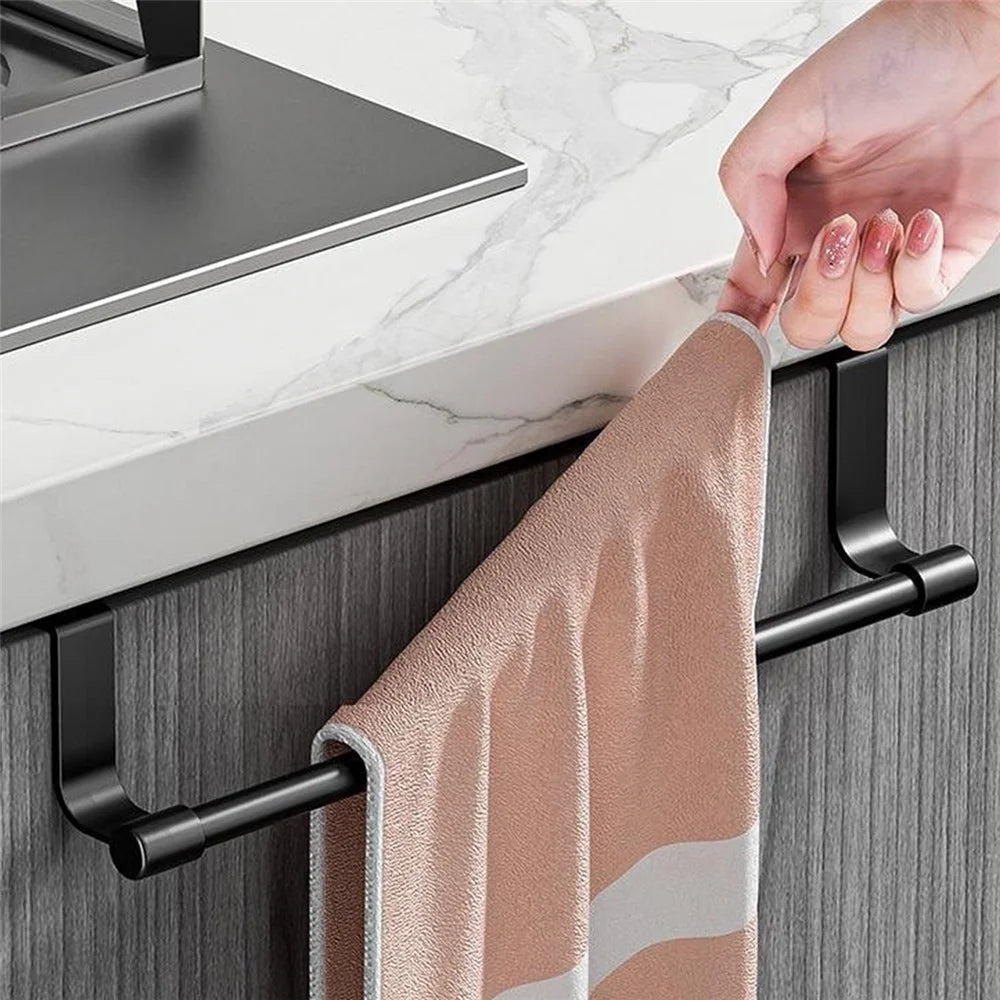 23cm Cabinet Door Towel Rack No-Drill Stainless Steel Over Door Hanging Bar for Kitchen Bathroom - Black - 7