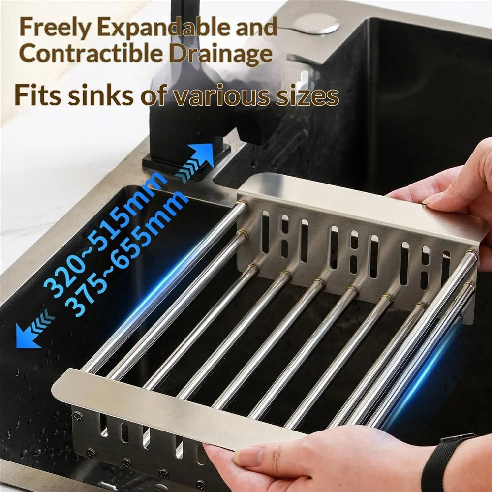 375-655mm Adjustable Dish Drainer Rack Over The Sink Collapsible Stainless Steel Dish Basket for Kitchen - Size L - 2
