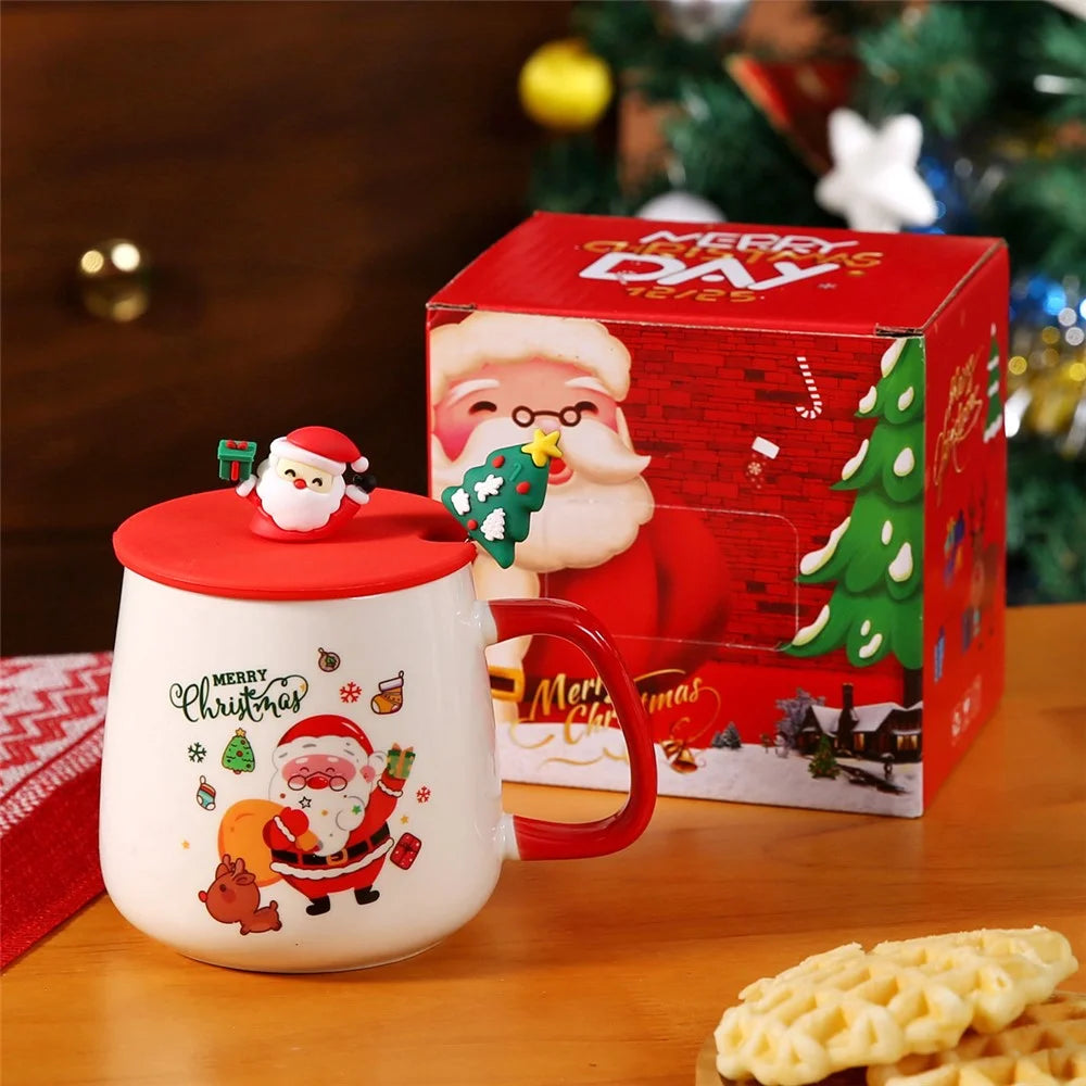 Christmas Ceramic Mug with Lid 430ml Hot Chocolate Coffee Cup - Style A / with Silicone Lid - 1