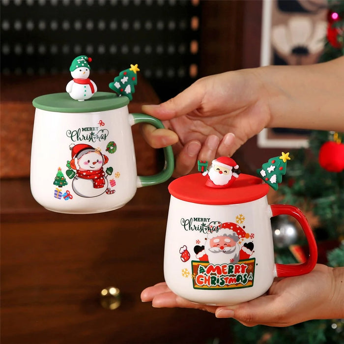 Christmas Ceramic Mug with Lid 430ml Hot Chocolate Coffee Cup - Style A / with Silicone Lid - 3