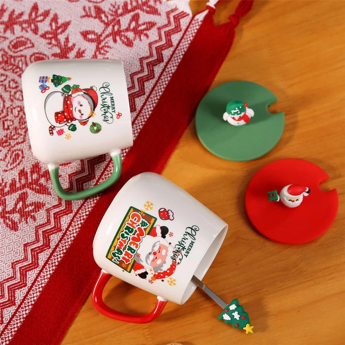Christmas Ceramic Mug with Lid 430ml Hot Chocolate Coffee Cup - Style A / with Silicone Lid - 7