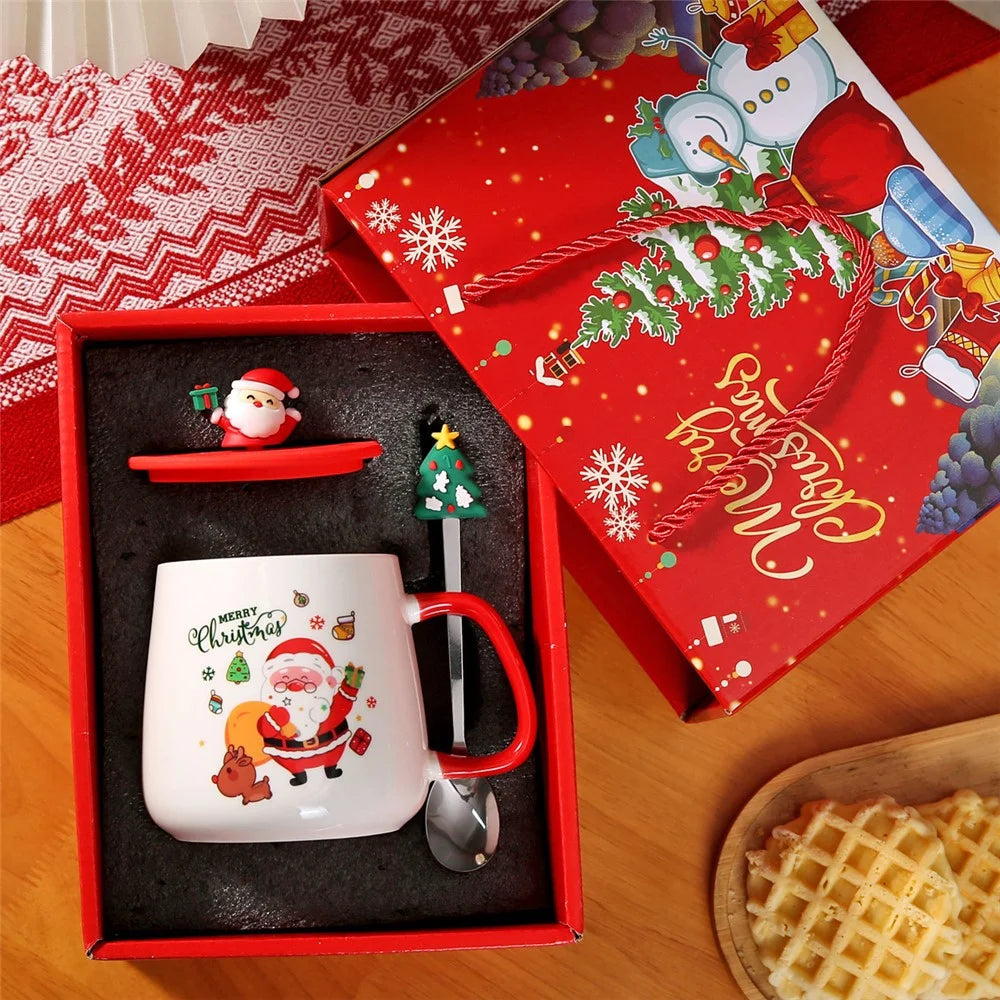 Christmas Ceramic Mug with Lid, Spoon and Gift Box 430ml Coffee Cup - Style A / with Silicone Lid+Spoon - 1