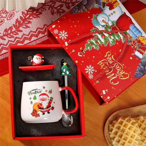 Christmas Ceramic Mug with Lid, Spoon and Gift Box 430ml Coffee Cup - Style A / with Silicone Lid+Spoon - 1