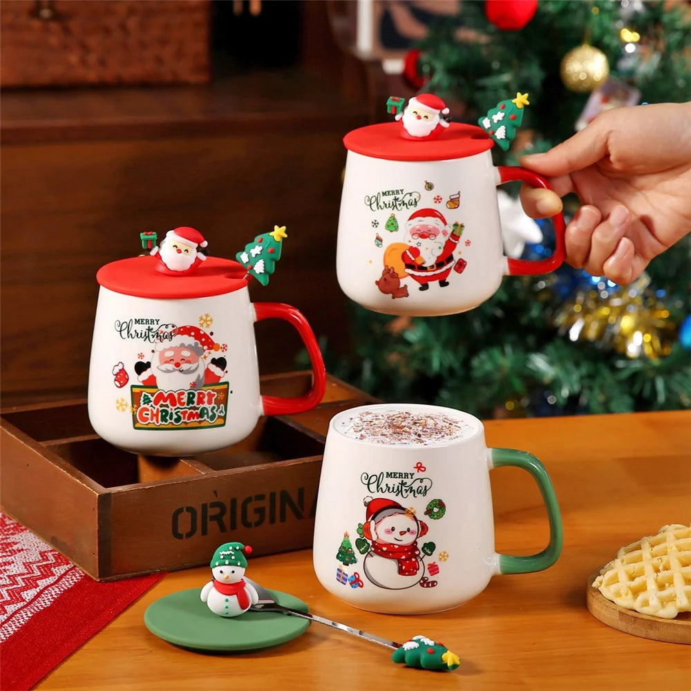 Christmas Ceramic Mug with Lid, Spoon and Gift Box 430ml Coffee Cup - Style A / with Silicone Lid+Spoon - 5