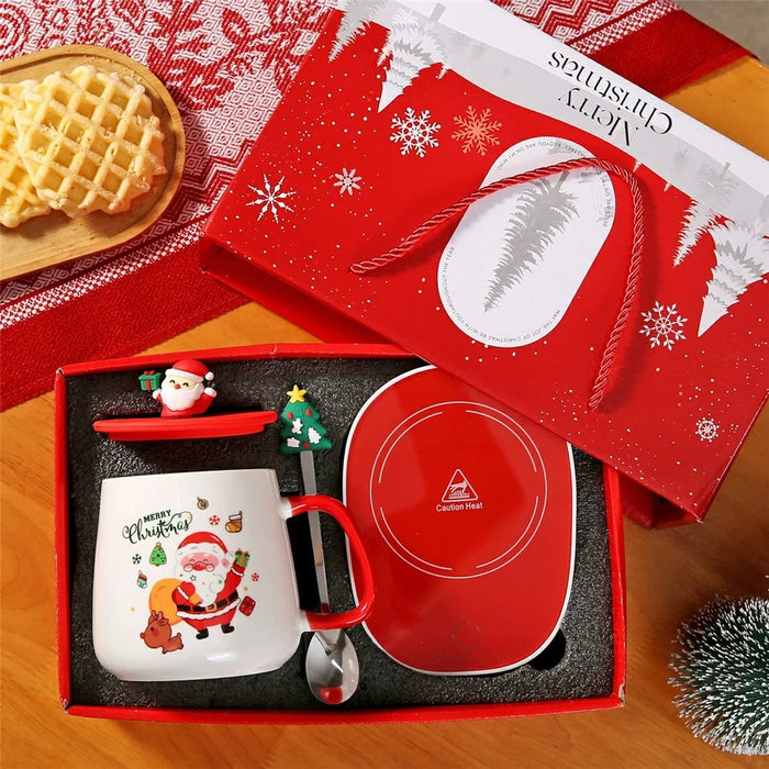 Christmas Ceramic Mug 430ml USB Electric Coffee Cup Warmer Set with Lid and Spoon - Style A / with Silicone Lid - 1