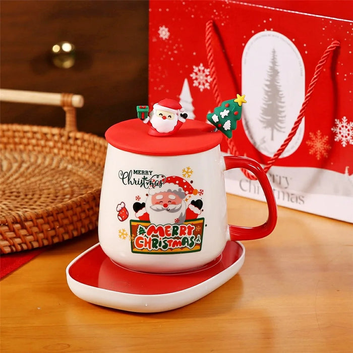 Christmas Ceramic Mug 430ml USB Electric Coffee Cup Warmer Set with Lid and Spoon - Style A / with Silicone Lid - 2