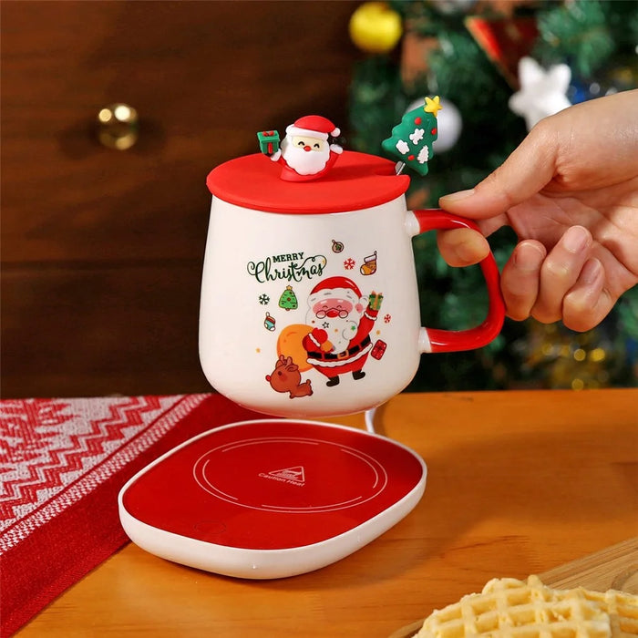 Christmas Ceramic Mug 430ml USB Electric Coffee Cup Warmer Set with Lid and Spoon - Style A / with Silicone Lid - 3