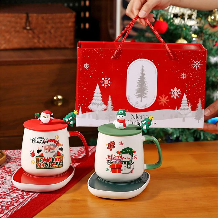 Christmas Ceramic Mug 430ml USB Electric Coffee Cup Warmer Set with Lid and Spoon - Style A / with Silicone Lid - 4