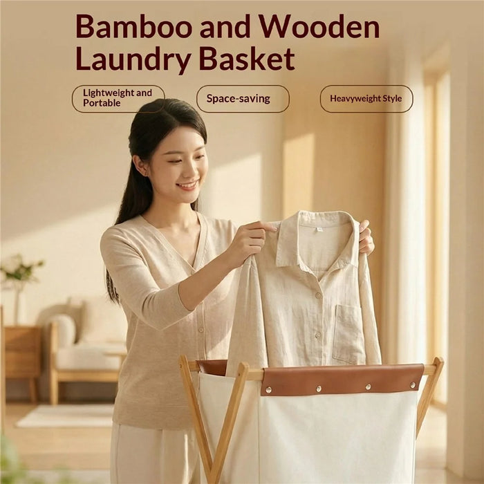 40 x 34 x 56.5cm Foldable Laundry Basket Bamboo + Oxford Cloth Storage Hamper - Size M - 2