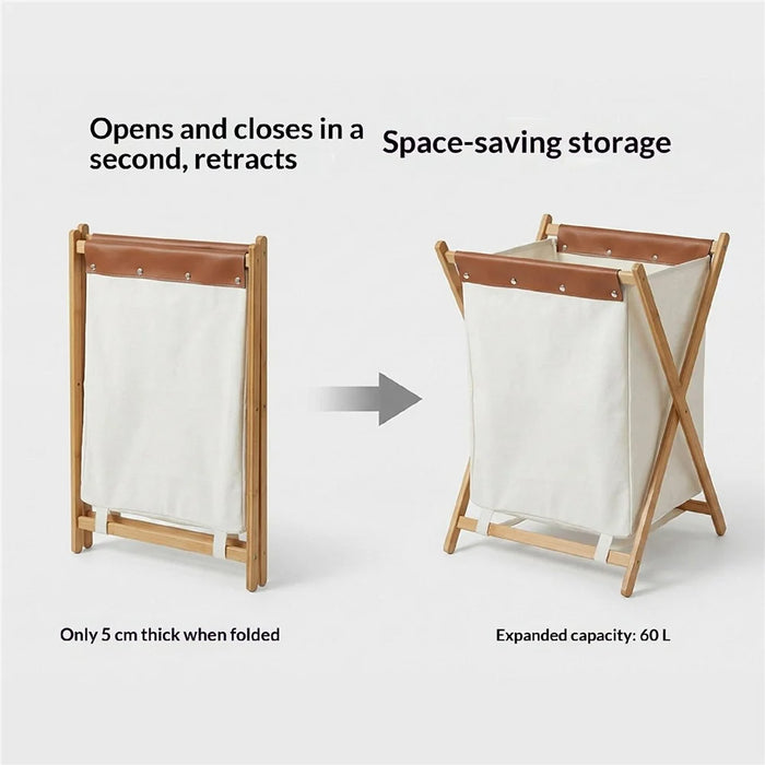 40 x 34 x 56.5cm Foldable Laundry Basket Bamboo + Oxford Cloth Storage Hamper - Size M - 4