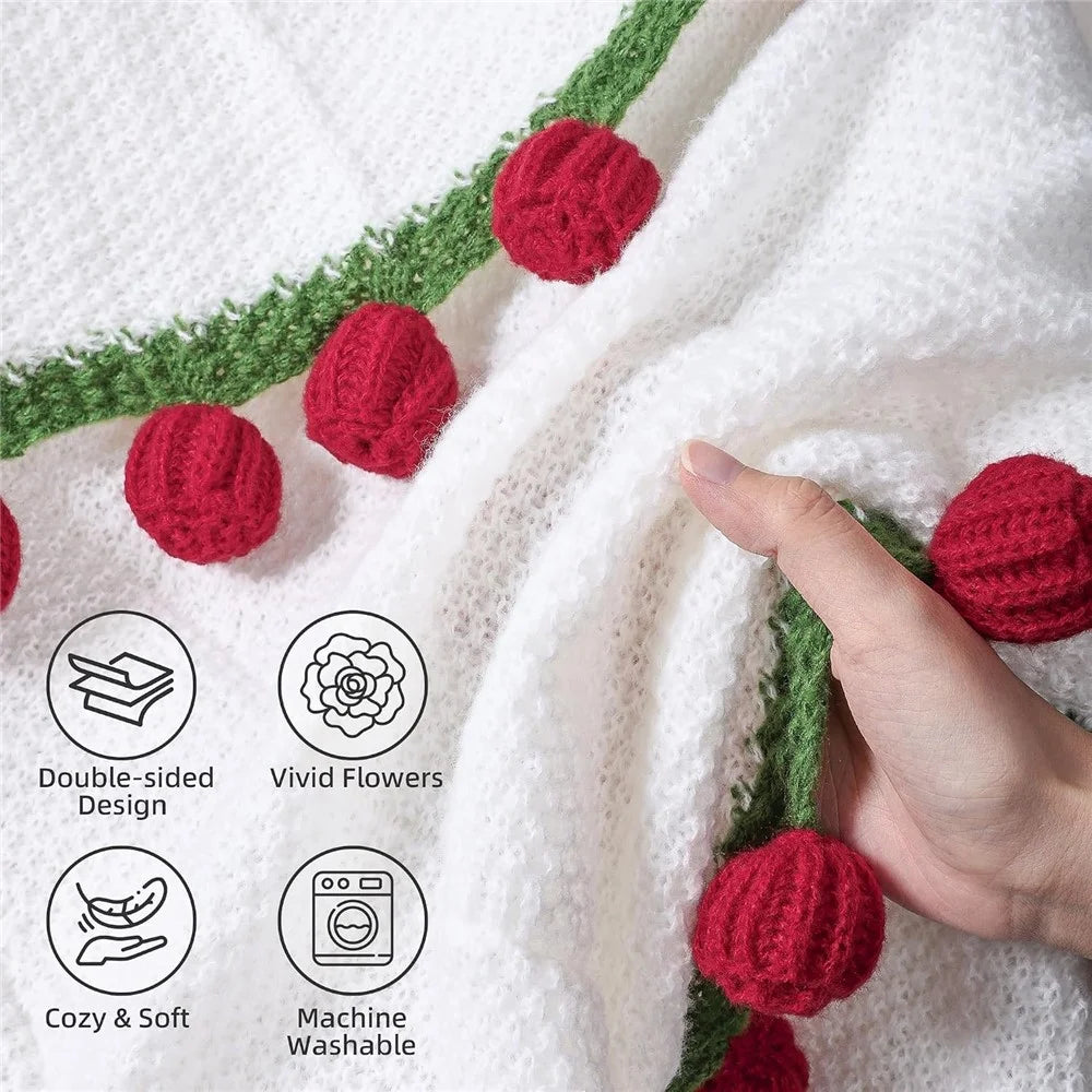 80cm 33Pcs Roses Bouquet Throw Blanket Knit Blanket Sofa Decorative Shawl Office Nap Cover - Red Rose / White Blanket - 4