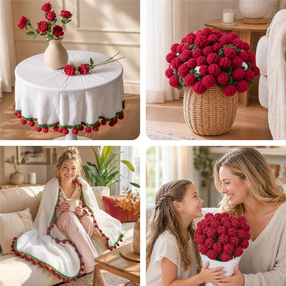 80cm 33Pcs Roses Bouquet Throw Blanket Knit Blanket Sofa Decorative Shawl Office Nap Cover - Red Rose / White Blanket - 7