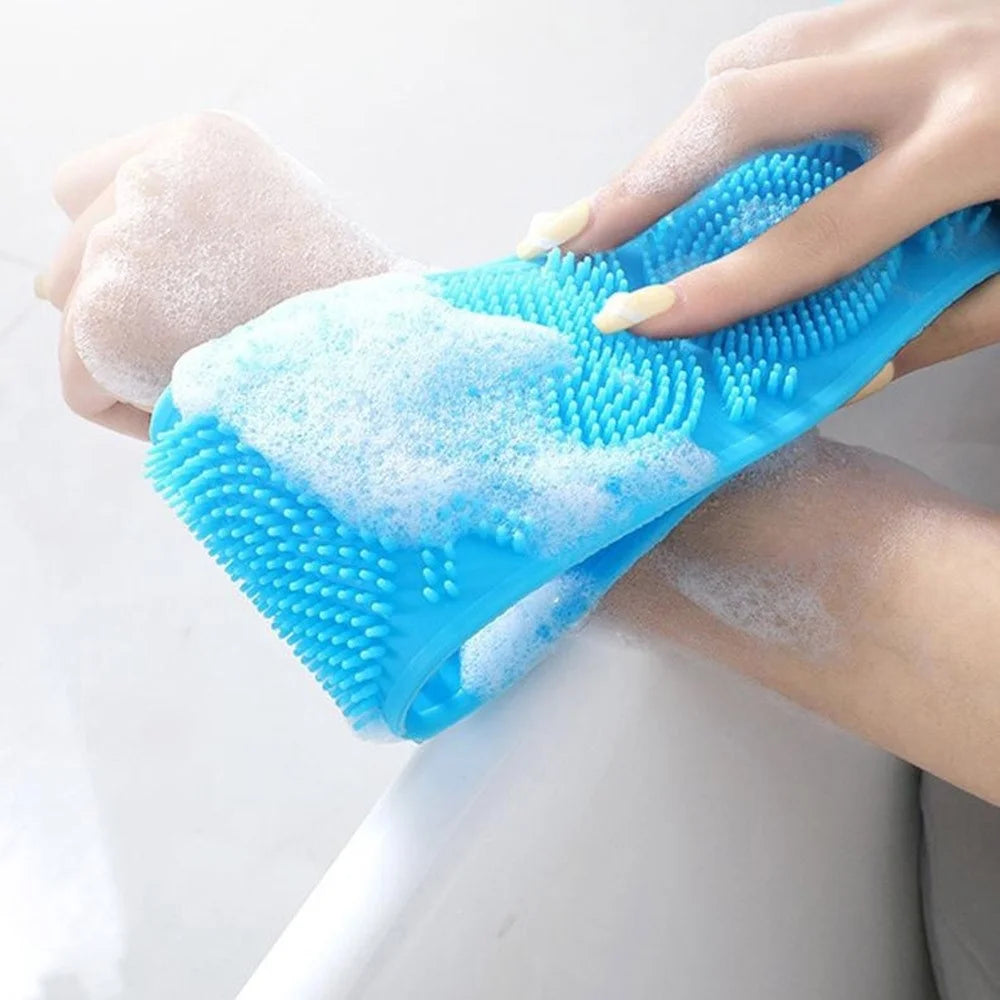 64cm Silicone Body Scrub Brush Double-Sided Back Cleaner Exfoliator Strap - Blue - 2