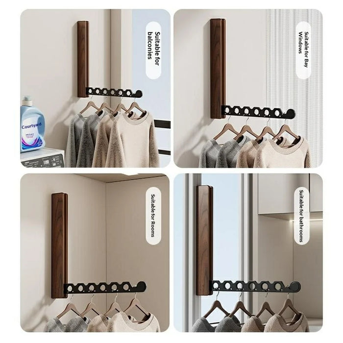 Wall-Mounted Folding Clothes Drying Rack 90 Degree Foldable Rod for Balcony Window - Black Walnut Wood - 4