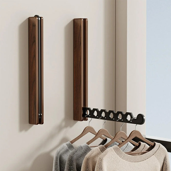 Wall-Mounted Folding Clothes Drying Rack 90 Degree Foldable Rod for Balcony Window - Black Walnut Wood - 6