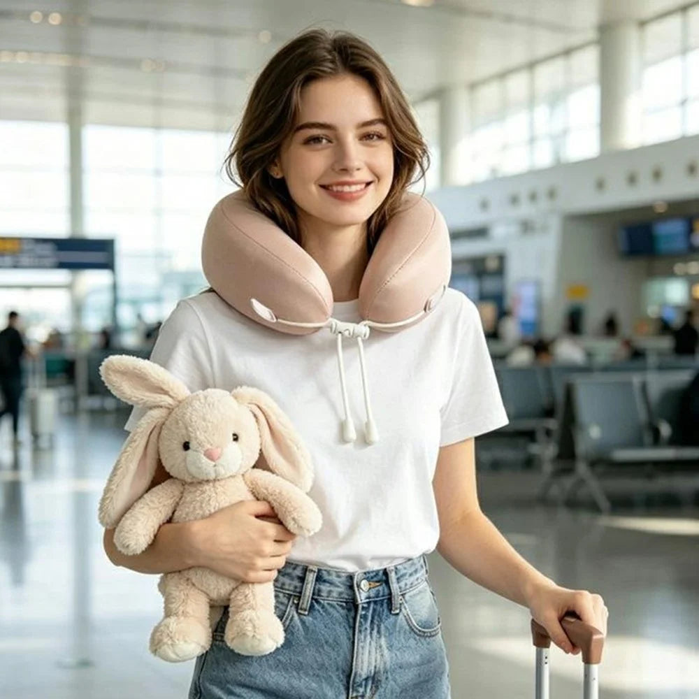 Memory Foam U-Shaped Neck Pillow with Storage Case , Ice Silk Travel Pillow for Travel Plane Office Nap - Light Pink - 7