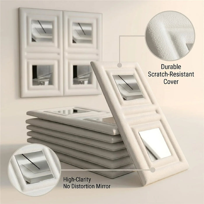6Pcs Self-Adhesive Soft 3D Mirror Wall Sticker Padded Wall Panel for Bedroom Living Room - White - 6