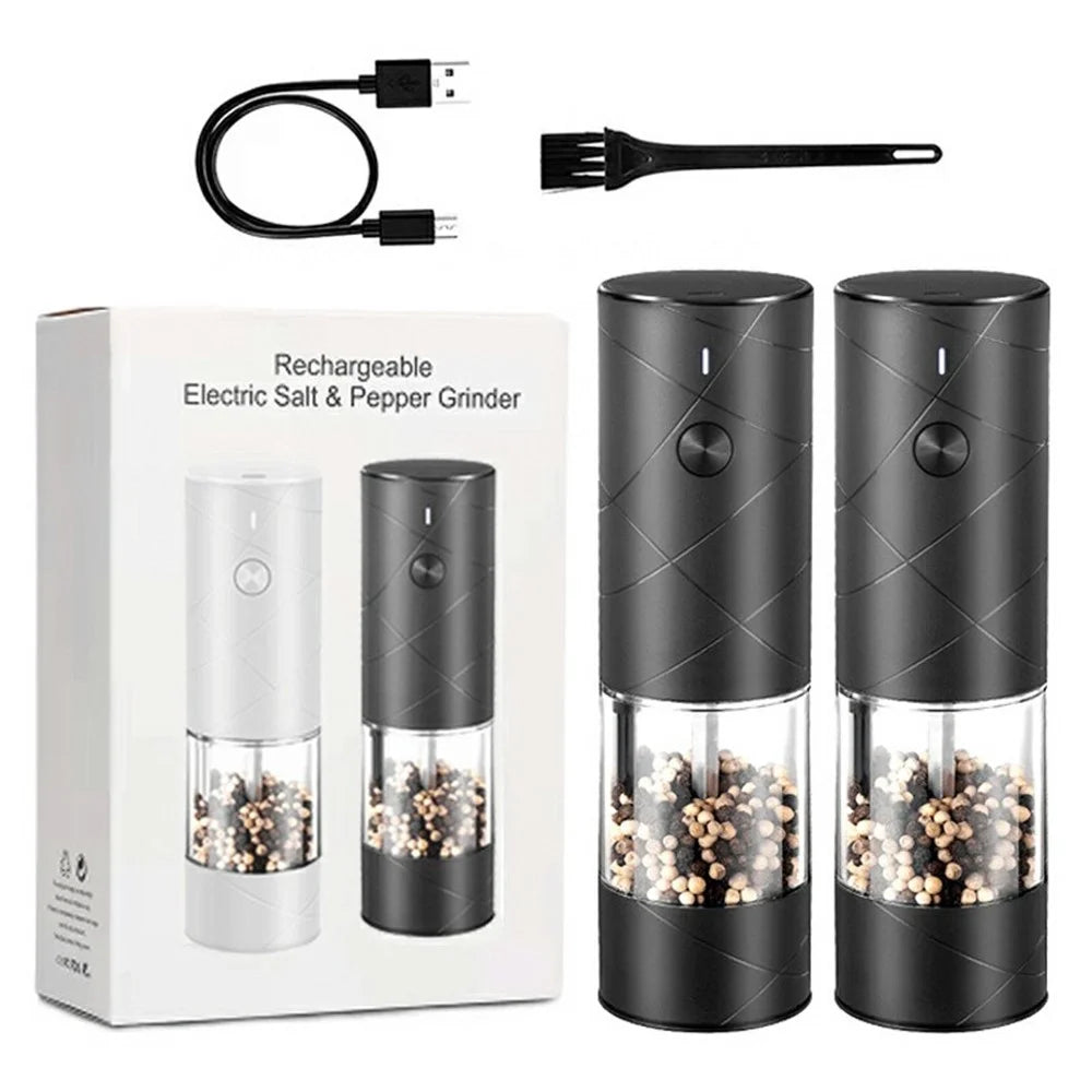 2Pcs USB Rechargeable Electric Pepper Grinder Wireless Adjustable Coarseness Mill for Kitchen - Black + Black - 1