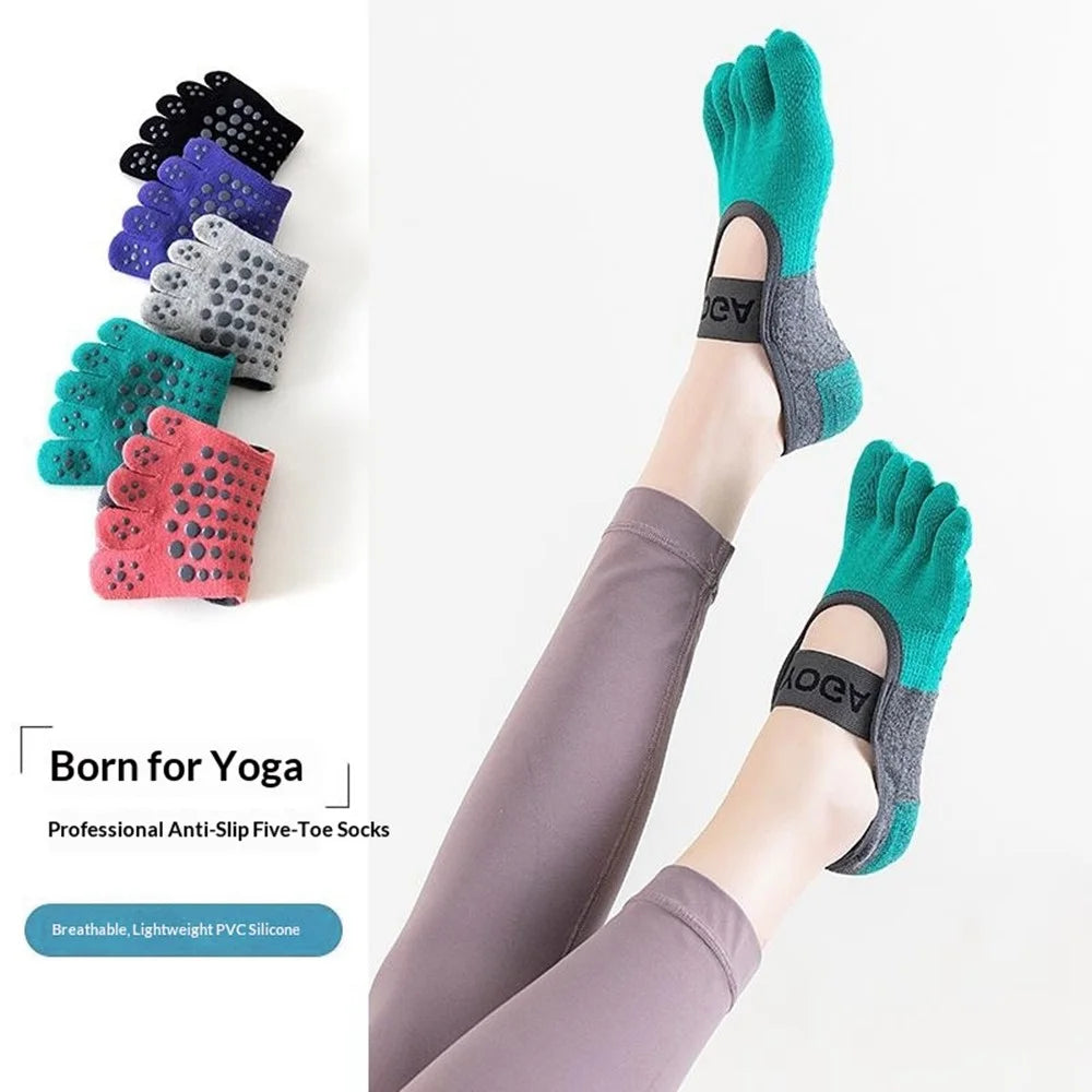 Five-Toe Non-Slip Yoga Socks Breathable Knitted Pilates Socks with Wide Elastic Strap for Indoor Fitness Sports - Green - 4