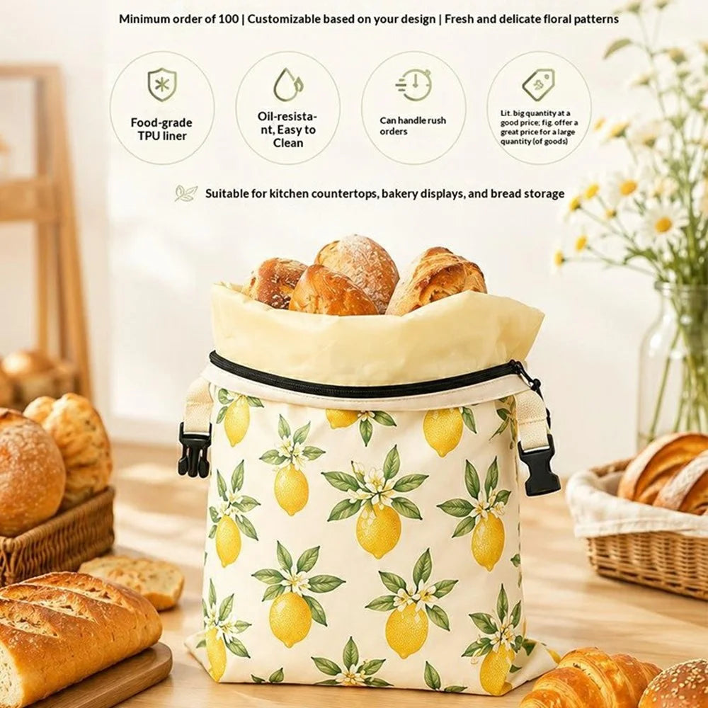 43x33cm Cotton Bread Bag with Removable Beeswax Liner for Kitchen Bakery Insert Buckle Seal Storage Bag (FDA Certified) - Style A - 2
