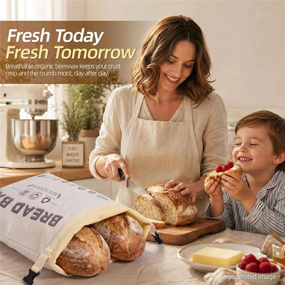 43x32cm Beeswax Lining Food Storage Bag Reusable Cotton Bread Bag with Insert Buckle (FDA Certified) - Beige - 2