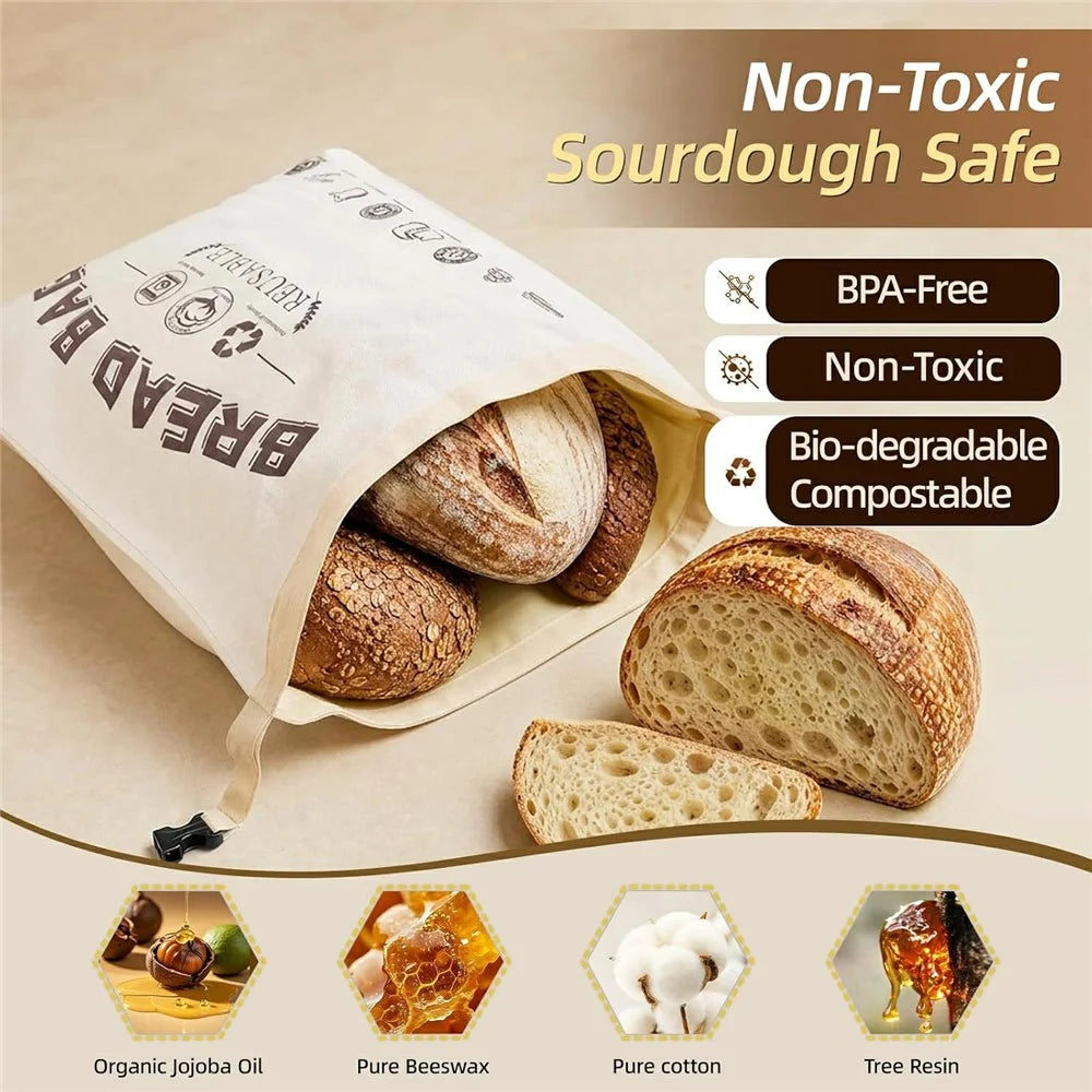 43x32cm Beeswax Lining Food Storage Bag Reusable Cotton Bread Bag with Insert Buckle (FDA Certified) - Beige - 3