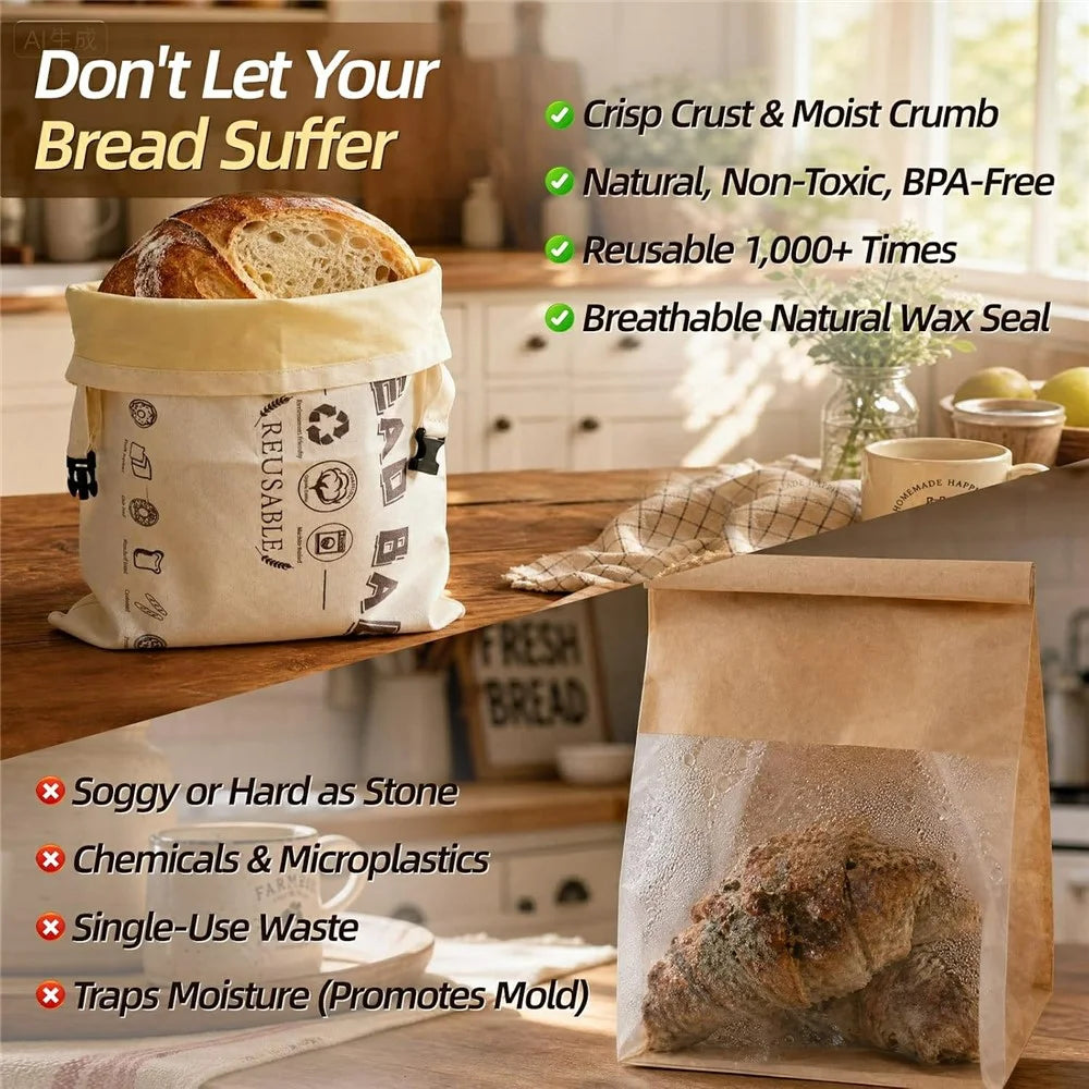 43x32cm Beeswax Lining Food Storage Bag Reusable Cotton Bread Bag with Insert Buckle (FDA Certified) - Beige - 4