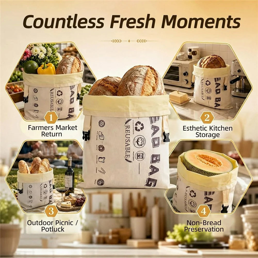 43x32cm Beeswax Lining Food Storage Bag Reusable Cotton Bread Bag with Insert Buckle (FDA Certified) - Beige - 6