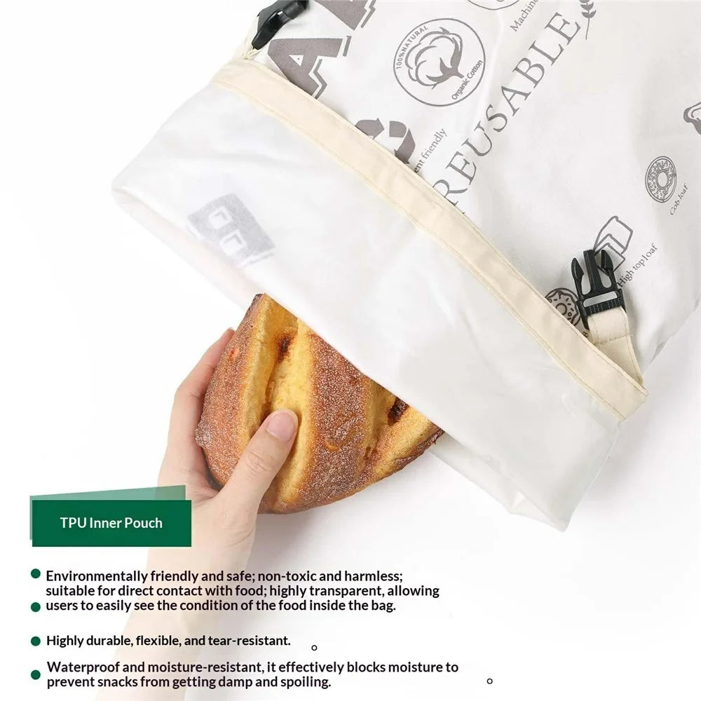 43x32cm TPU Lining Food Storage Bag Reusable Cotton Bread Bag with Insert Buckle (FDA Certified) - White - 2