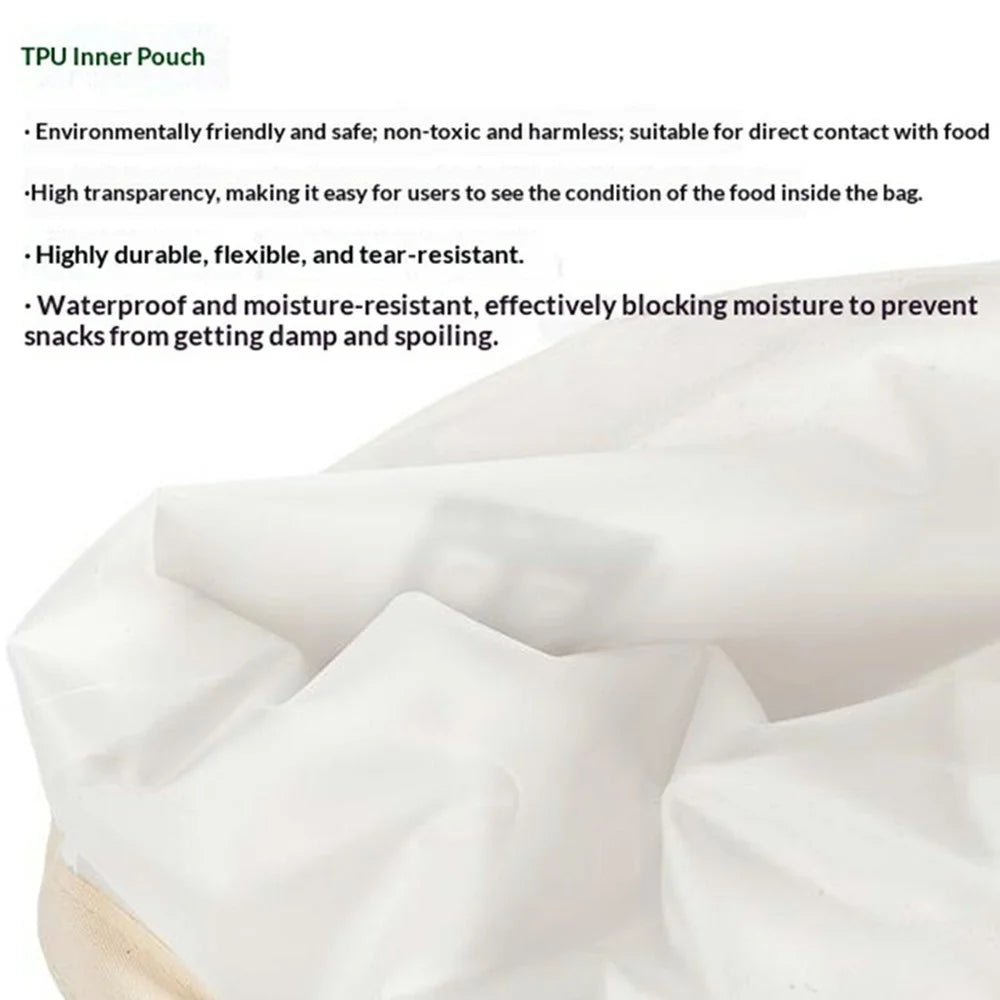 43x32cm TPU Lining Food Storage Bag Reusable Cotton Bread Bag with Insert Buckle (FDA Certified) - White - 5